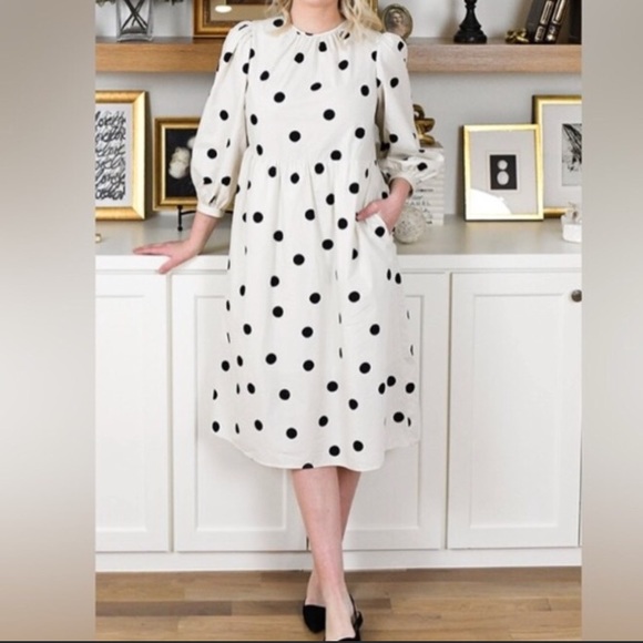 NWOT New Oversized Polka Dot Dress Parachute Puff Sleeve Ecru Black Midi Maxi XS - Picture 4 of 10